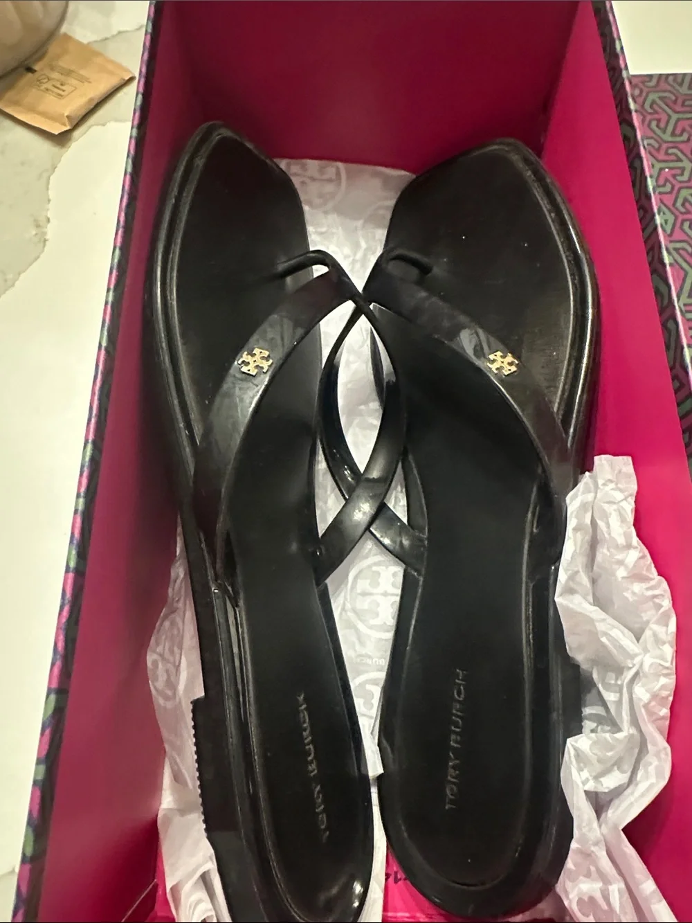 Tory Burch Black Square-Toe Jelly Thong Sandals